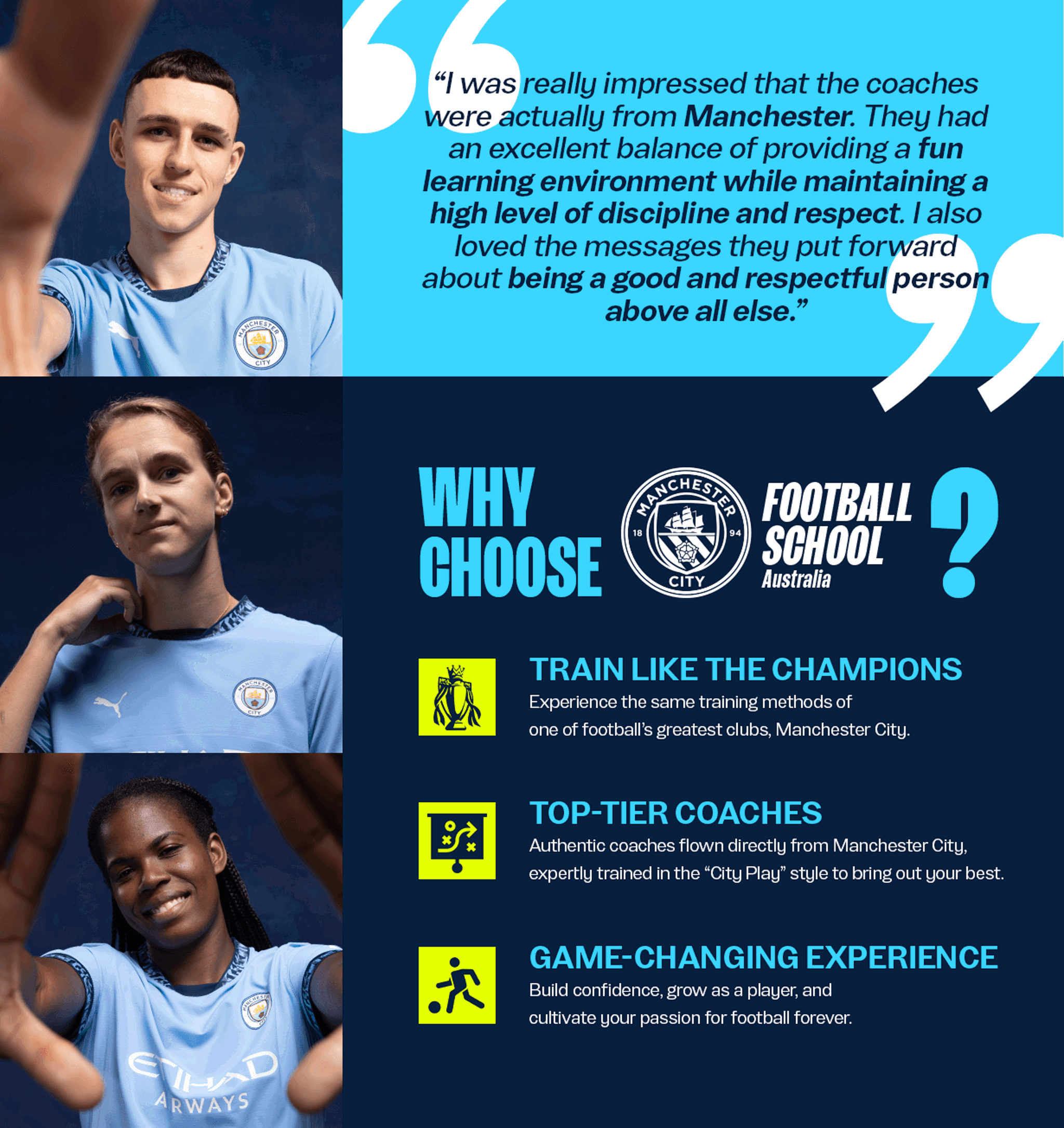 An advertisement for Manchester City Football School in Australia. It includes a testimonial, reasons to choose the school, and images of players wearing Manchester City jerseys.