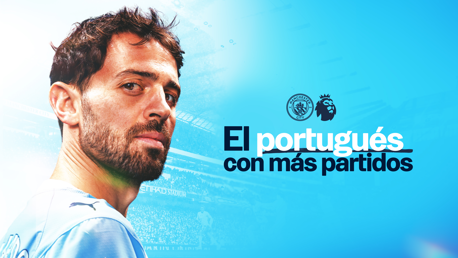 Poster with text 'El portugués con más partidos' featuring a blurred face, Manchester City logo, and Premier League logo on a blue gradient background.