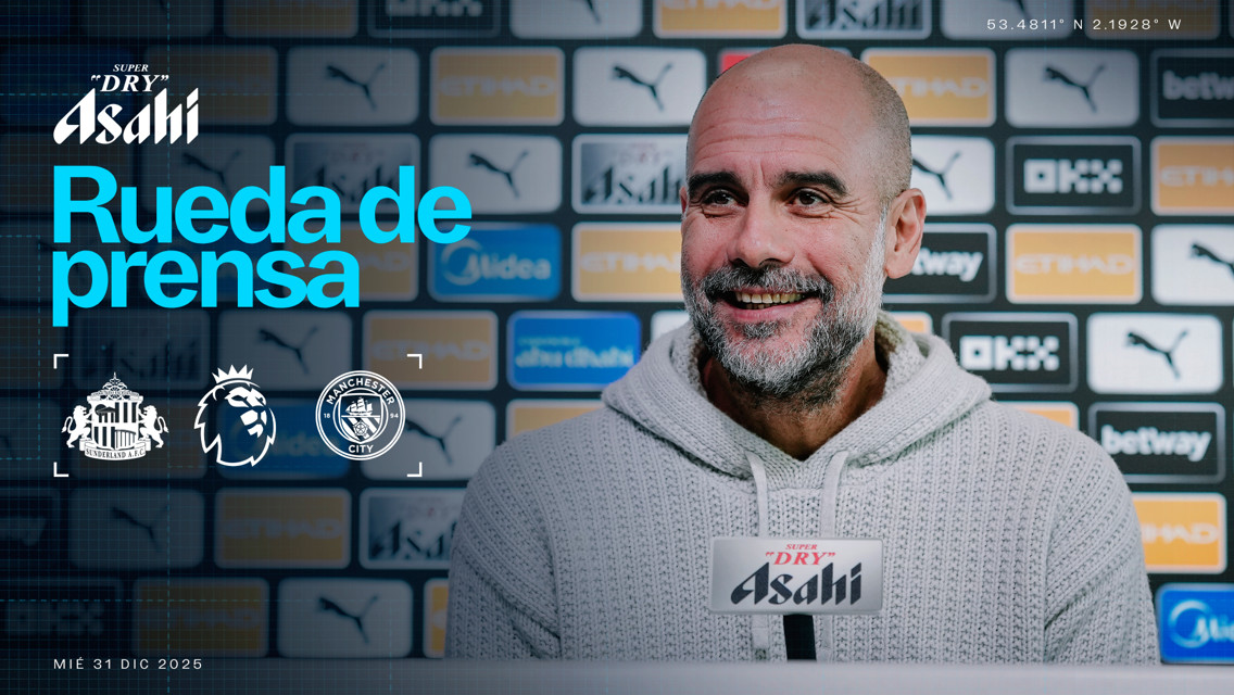 Press conference image featuring logos of Sunderland AFC and Manchester City, with Premier League logo. Sponsored by Asahi Super Dry, taking place on Wednesday, December 31, 2025. Coordinates shown are 53.4811° N, 2.1928° W.
