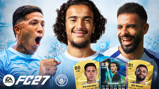 Three footballers in Manchester City jerseys with EA Sports FC27 branding. Player cards display stats: Fernández (86 CM), Bouaddi (83 CDM), Aït-Nouri (81 LB).