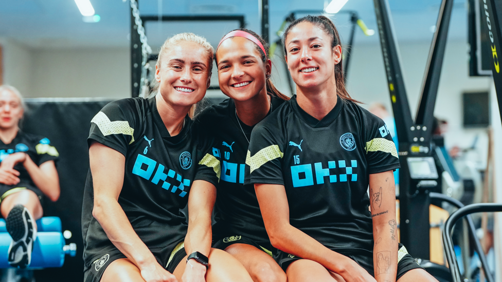 THREE CHEERS; Steph Houghton, Deyna Castellanos and Leila Ouahabi