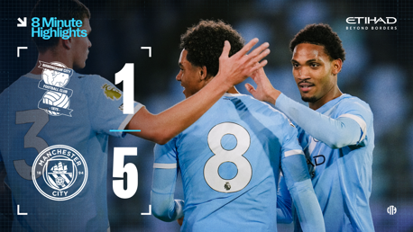 Manchester City won 5-1 against Birmingham City. The image features players celebrating and logos of both clubs.