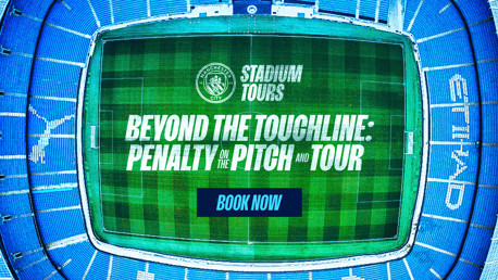 Aerial view of Etihad Stadium with text promoting Manchester City Stadium Tours, featuring 'Beyond the Touchline: Penalty on the Pitch and Tour'. Includes a 'Book Now' button.