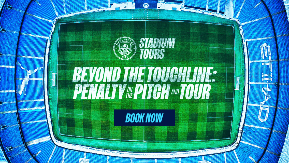 Aerial view of Etihad Stadium with text promoting Manchester City Stadium Tours, featuring 'Beyond the Touchline: Penalty on the Pitch and Tour'. Includes a 'Book Now' button.