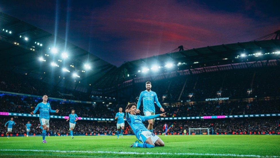 BACK AGAIN : Another Rico Lewis goal celebration against Crystal Palace.