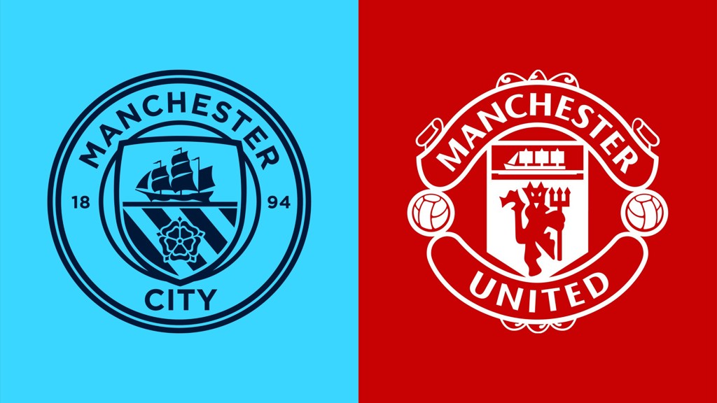 Side-by-side logos of Manchester City and Manchester United on a blue and red background.