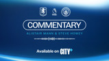 Blue promotional banner featuring commentary by Alistair Mann and Steve Howey for Aston Villa vs Manchester City, available on CITY+. Logos for Aston Villa, Premier League, and Manchester City are displayed.