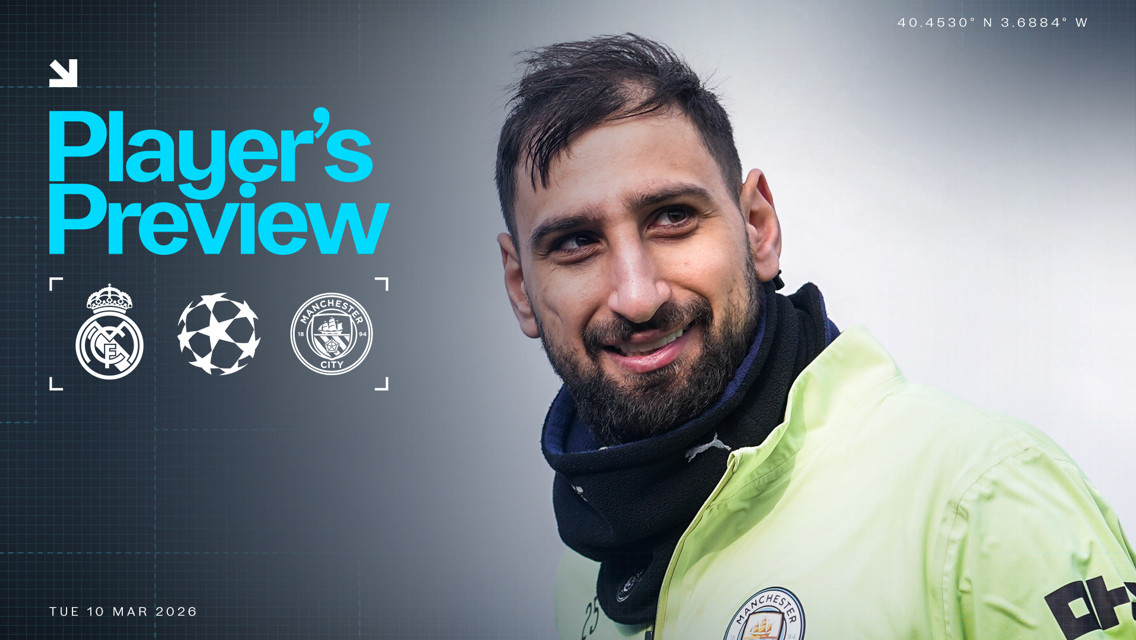 Design for 'Player's Preview' between Real Madrid and Manchester City on March 10, 2026, featuring blurred player image and UEFA Champions League logo.