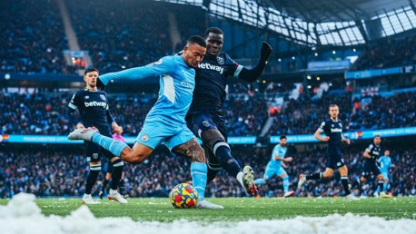 ON THE FRONT FOOT: Jesus forces Zouma into defensive action early in the second half.