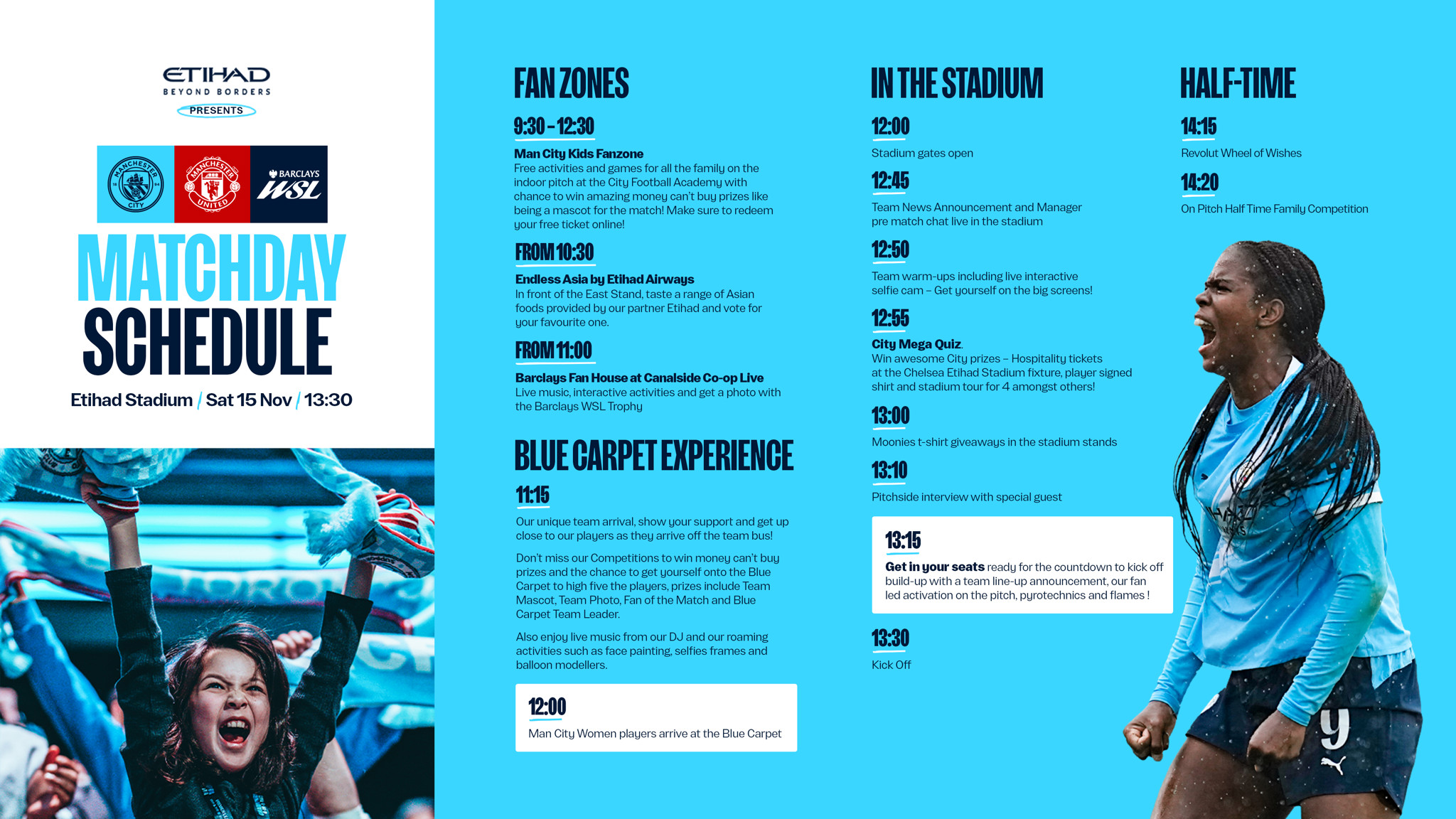 Matchday schedule for Manchester City vs Manchester United WSL on Sat 15 Nov at 13:30, featuring fan zones, stadium activities, and half-time events at Etihad Stadium.