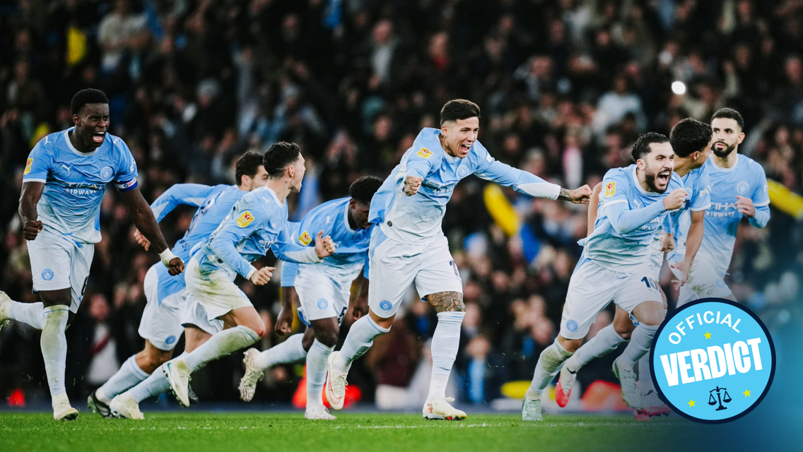 Manchester City players in light blue jerseys celebrating a victory on the field with a visible 'Official Verdict' badge.