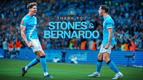 Two football players of Manchester City are celebrating on the field. Text overlay says 'Thank You Stones & Bernardo'.