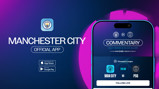 Manchester City official app advertisement featuring live commentary for the Man City vs PSG match at 20:00 during the Champions League. Available on App Store and Google Play.
