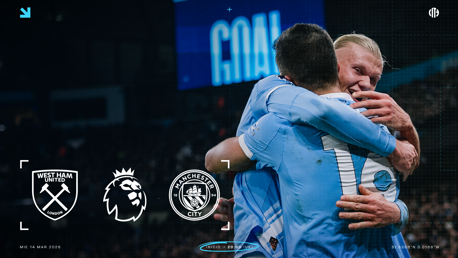 Graphic for West Ham United vs Manchester City Premier League match on Wednesday, 14 March 2026, featuring team logos and a goal celebration image.