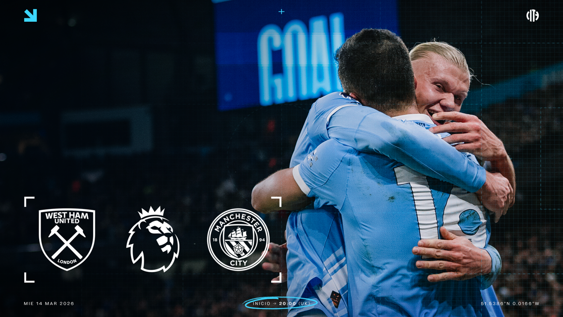 Graphic for West Ham United vs Manchester City Premier League match on Wednesday, 14 March 2026, featuring team logos and a goal celebration image.
