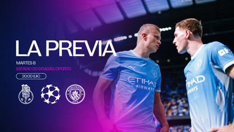 Graphic for FC Porto vs Manchester City match preview at Estádio do Dragão. Scheduled for Tuesday 8th at 20:00 (UK) with club logos and players in Manchester City kit.