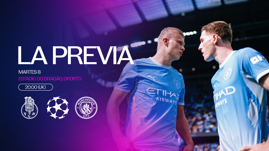 Graphic for FC Porto vs Manchester City match preview at Estádio do Dragão. Scheduled for Tuesday 8th at 20:00 (UK) with club logos and players in Manchester City kit.