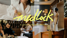 Collage depicting various scenes from a Radisson Blu hotel. It features people relaxing in a hotel room, dining area, and lobby, with the words 'medlock a radisson blu hotel' overlaid.