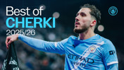 A football player in a Manchester City jersey holding a black and white flag, with text 'Best of Cherki 2025/26' and the Manchester City logo displayed.