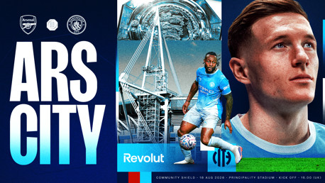 Promotion for the Community Shield match between Arsenal and Manchester City at Principality Stadium on August 16, 2026, featuring players in action and event details.
