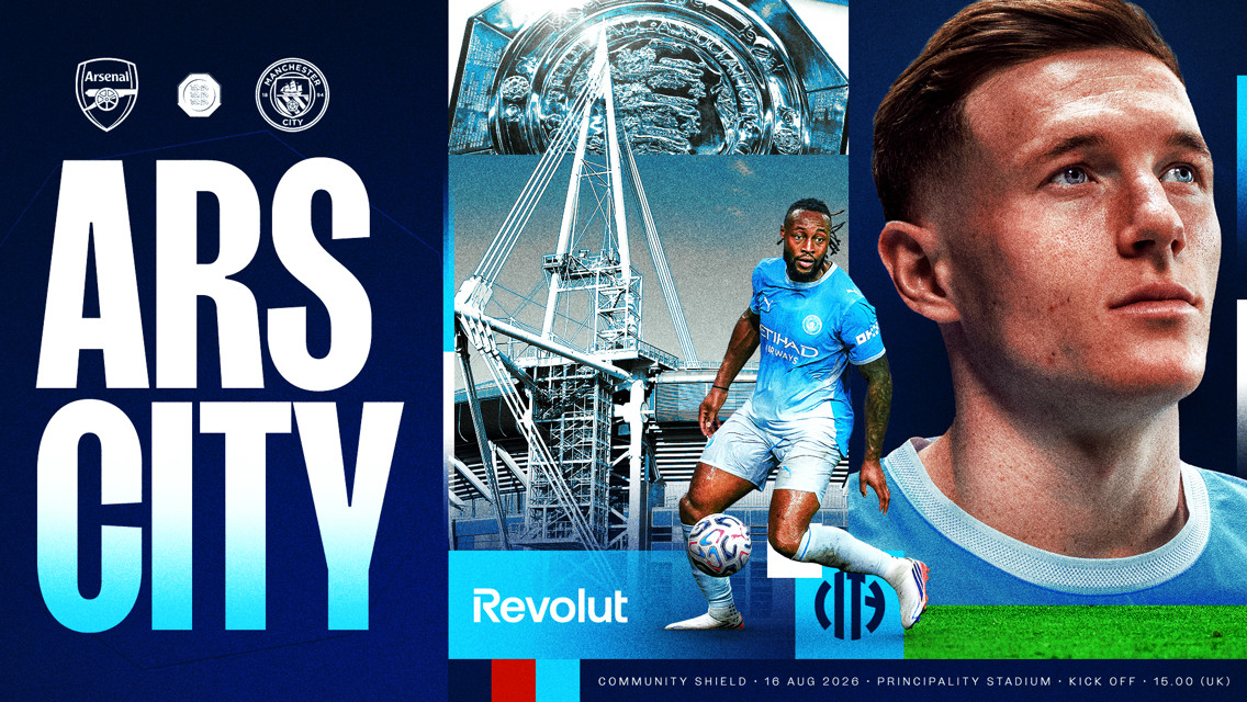Promotion for the Community Shield match between Arsenal and Manchester City at Principality Stadium on August 16, 2026, featuring players in action and event details.