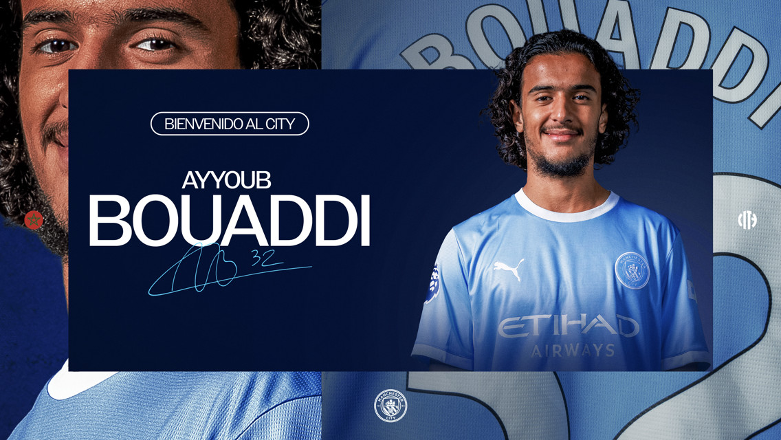 A football player in a Manchester City jersey is introduced with the text 'Bienvenido al City' and 'Ayyoub Bouaddi' along with a signature and the number 32.