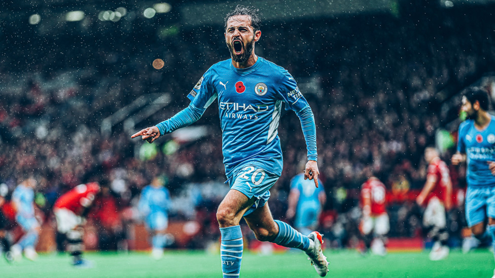 BRAGGING RIGHTS : Bernardo Silva wheels away after doubling our lead in a 2-0 win at Old Trafford, 6 November 2021.