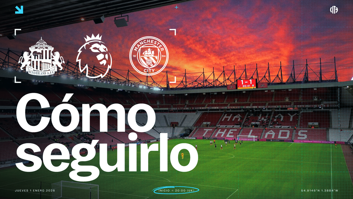 Image showing Sunderland AFC vs Manchester City match promo at a stadium during sunset. Text reads 'Cómo seguirlo', date 'Thursday 1 January 2026', start time '20:00 (UK)'.