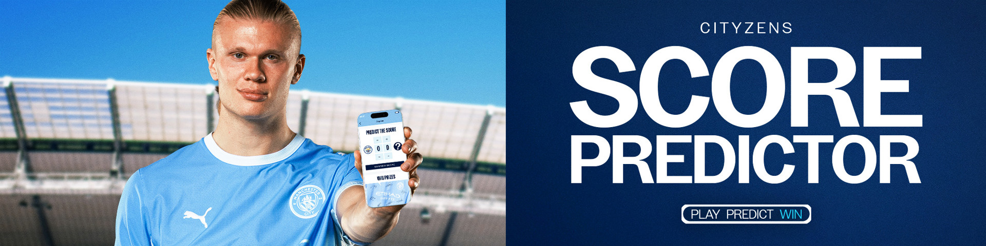 A person in a Manchester City jersey holds a smartphone displaying a score prediction leaderboard at a stadium.