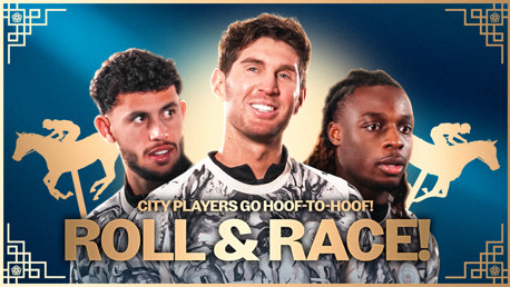 Poster with the text 'City Players Go Hoof-to-Hoof! Roll & Race!' featuring silhouettes of horses and three blurred faces on a gradient blue and gold background.