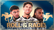 Poster with the text 'City Players Go Hoof-to-Hoof! Roll & Race!' featuring silhouettes of horses and three blurred faces on a gradient blue and gold background.