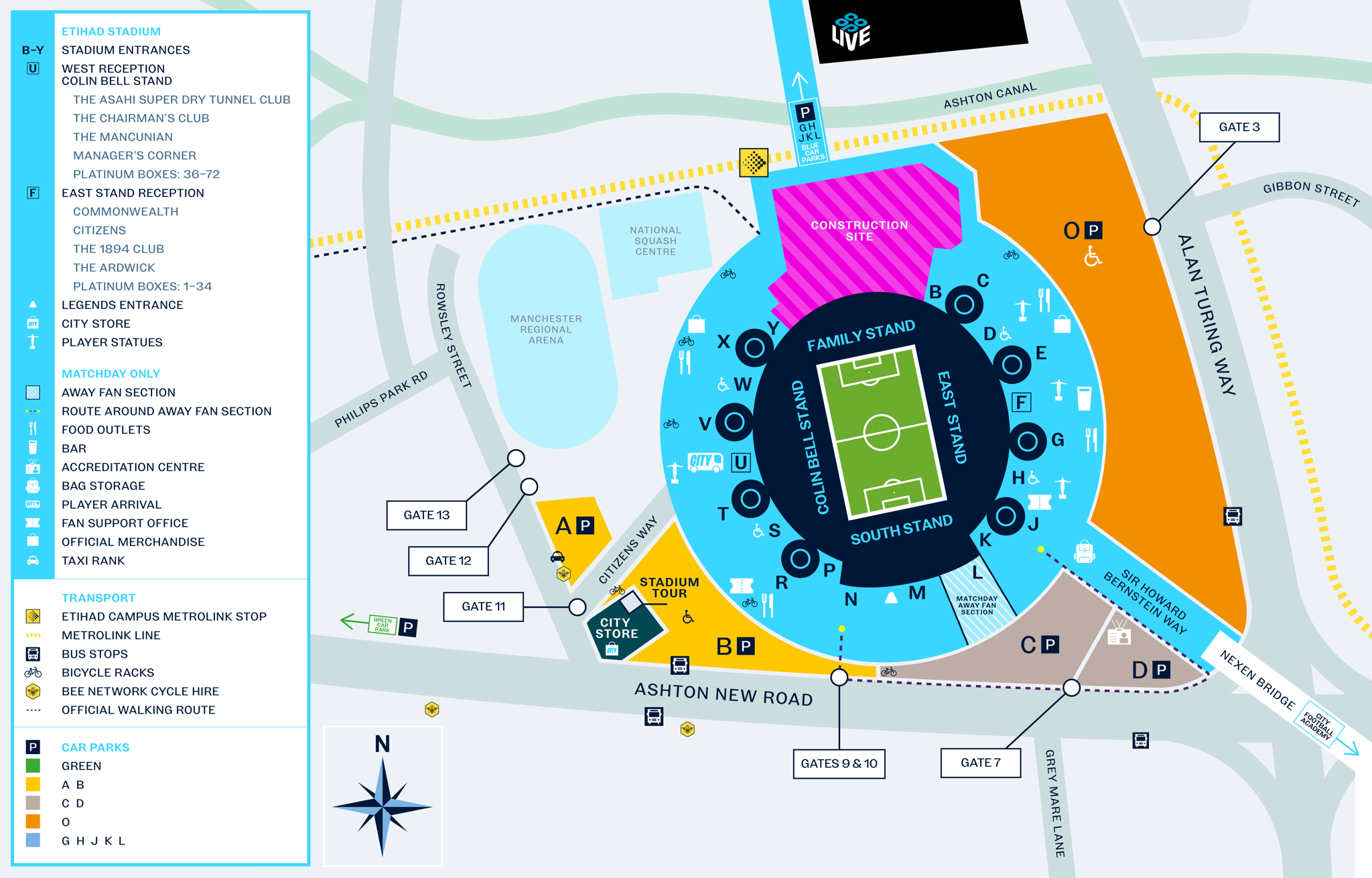 Stadium map of Etihad Stadium displaying entrances, receptions, stands, and various facilities. Includes transport information, car parks, gates, and food outlets.