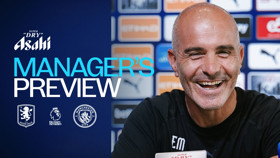 Image features Manager's Preview for Aston Villa vs Manchester City, sponsored by Asahi Super Dry with Aston Villa and Manchester City logos.