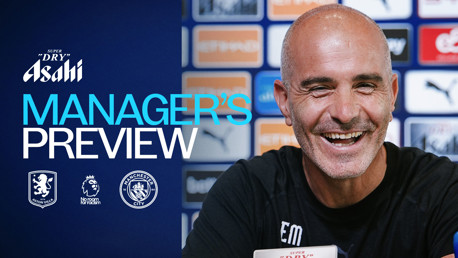 Image features Manager's Preview for Aston Villa vs Manchester City, sponsored by Asahi Super Dry with Aston Villa and Manchester City logos.