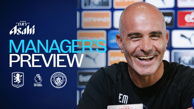 Image features Manager's Preview for Aston Villa vs Manchester City, sponsored by Asahi Super Dry with Aston Villa and Manchester City logos.