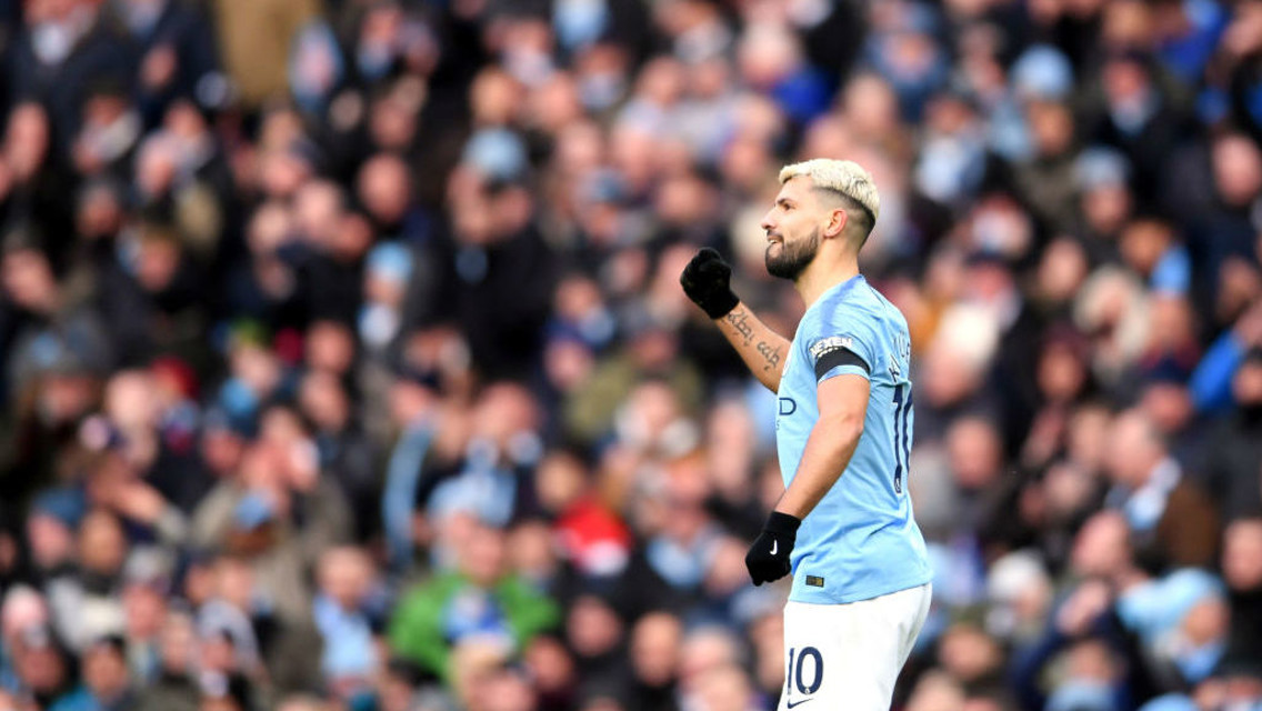 ANOTHER ONE: Aguero celebrates his second goal of the game.