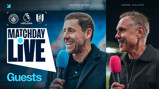 Promotional graphic for a Matchday Live event featuring Manchester City, the Premier League, and Fulham logos. Includes blurred images of guests Michael Brown and Andrée Jeglertz.