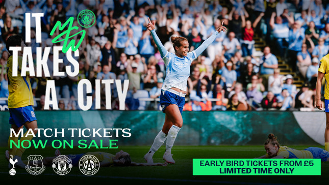 Promotional image for Manchester City Women's team matches. Features a celebrating player, logos of opposing teams including Tottenham and Manchester United, and ticket prices starting from £5.