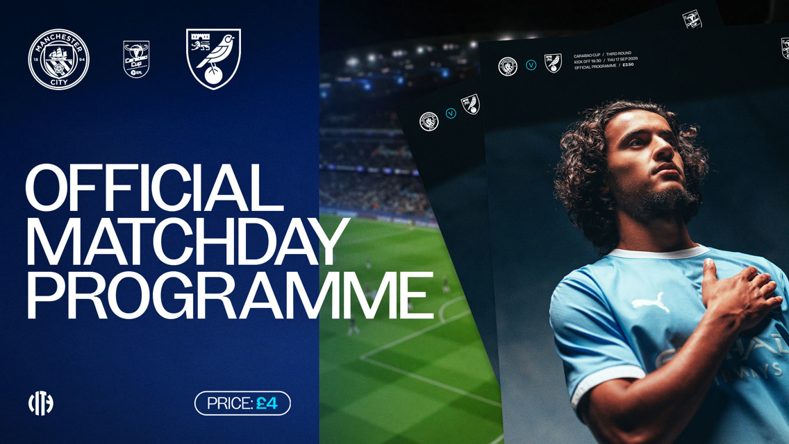 Image of Manchester City's official matchday programme featuring logos for Manchester City and Norwich City, priced at £4.