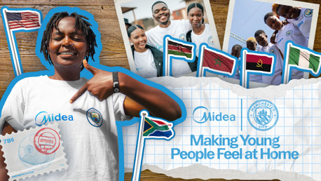 Image showcasing Midea and Manchester City collaboration with youth wearing branded shirts. Flags of multiple countries are visible, including the USA, South Africa, Kenya, Morocco, Angola, and Nigeria.