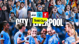 A football advertising image for the sold-out WSL match between Manchester City and Liverpool featuring fans and players.