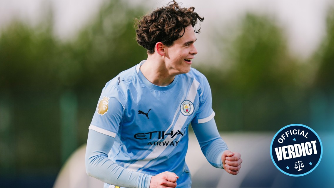 A football player in a Manchester City kit, focusing on a youth player wearing a light blue Etihad Airways jersey, without showing their face. The image includes text 'Official Verdict' and a Premier League logo.