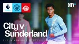 Promotional image for Manchester City U18 vs Sunderland match on Tue 14 Apr 2026 at 12:30 (UK) KO, featuring Premier League U18s logos.