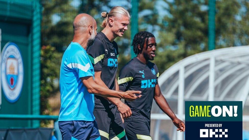 TRIPLE THREAT : Pep Guardiola, Erling Haaland and Josh Wilson-Esbrand report for the session