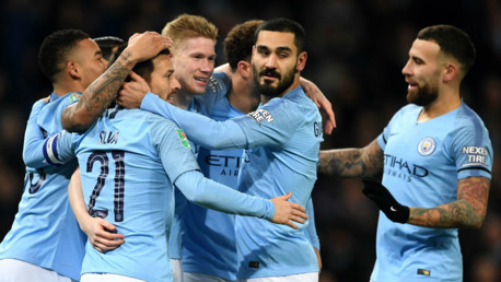 CENTRE OF ATTENTION: The Blues are all smiles after KDB's header