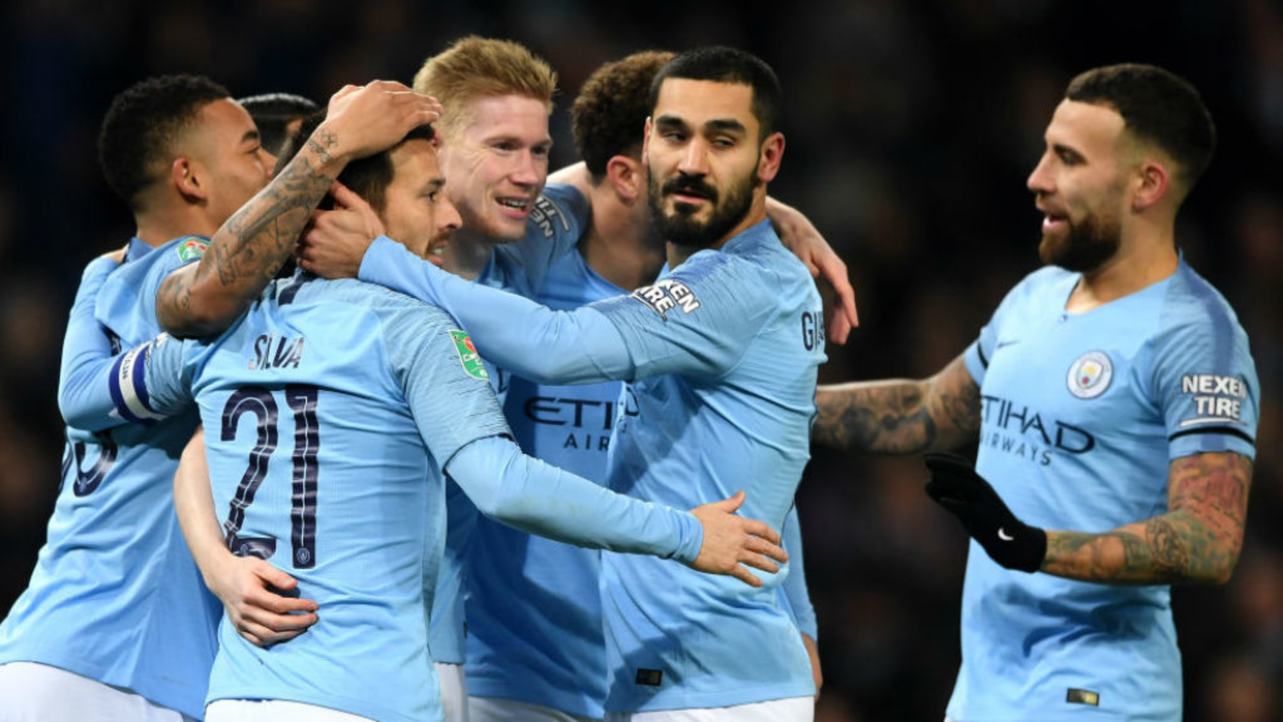 CENTRE OF ATTENTION: The Blues are all smiles after KDB's header