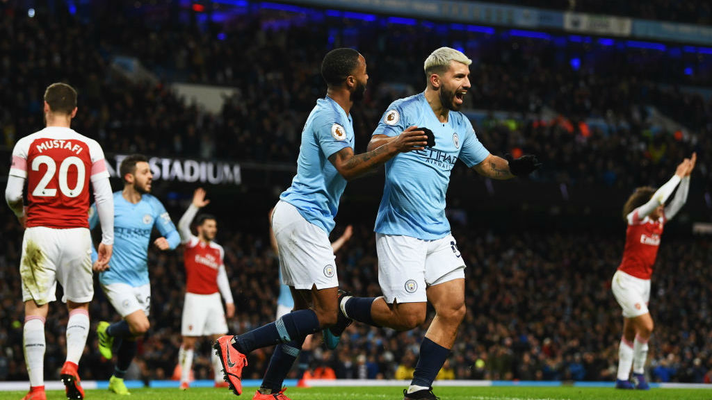 HAT-TRICK HERO : Aguero celebrates his third goal of the game.