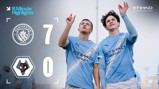 Graphic showing Manchester City's 7-0 victory over Wolves with two players celebrating. Includes team logos and scoring details.