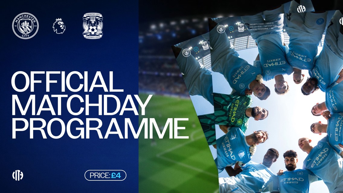 Official matchday programme for a Manchester City game against Coventry City, featuring player huddle image and logos. Price marked as £4.