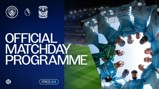 Official matchday programme for a Manchester City game against Coventry City, featuring player huddle image and logos. Price marked as £4.